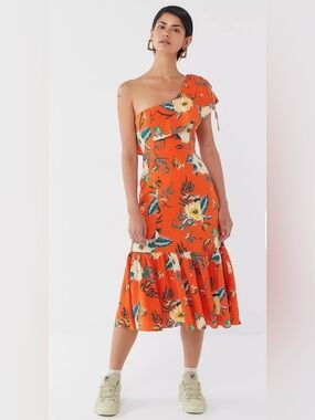 Urban Outfitters Carmen Linen One Shoulder Ruffle Midi Dress Orange S Floral
